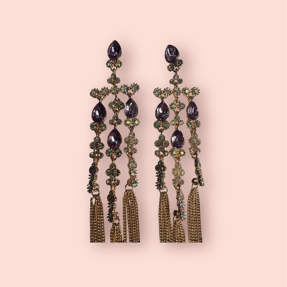 Vintage Chandelier Shoulder Earrings – Gold Tone with Purple Glass Crystal Beads - Picture 3 of 5